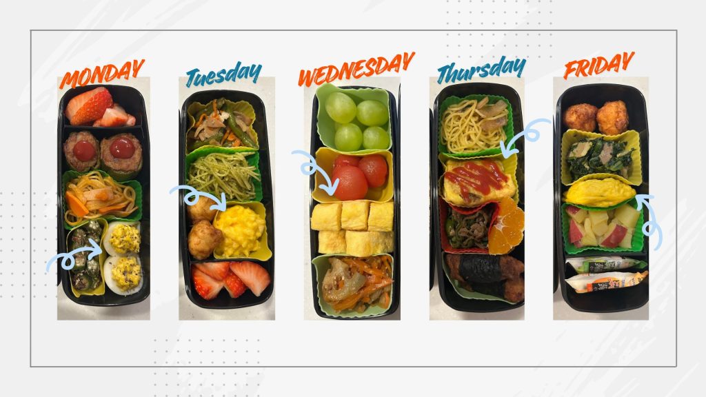 月曜から金曜までの卵焼きを中心にした中学生男子のお弁当例